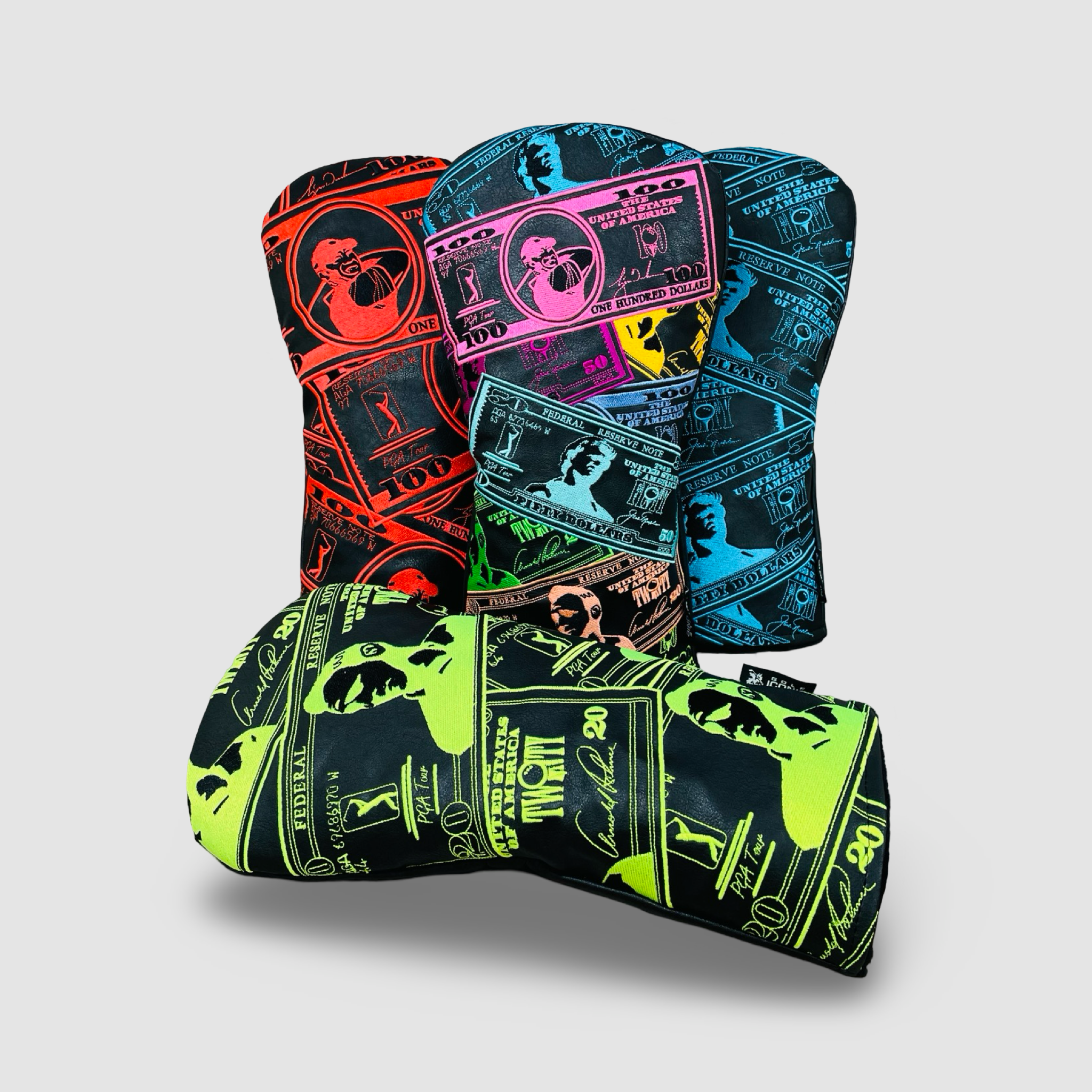Golf headcover set featuring Tiger woods, Jack Nicklaus, and Arnold Palmer